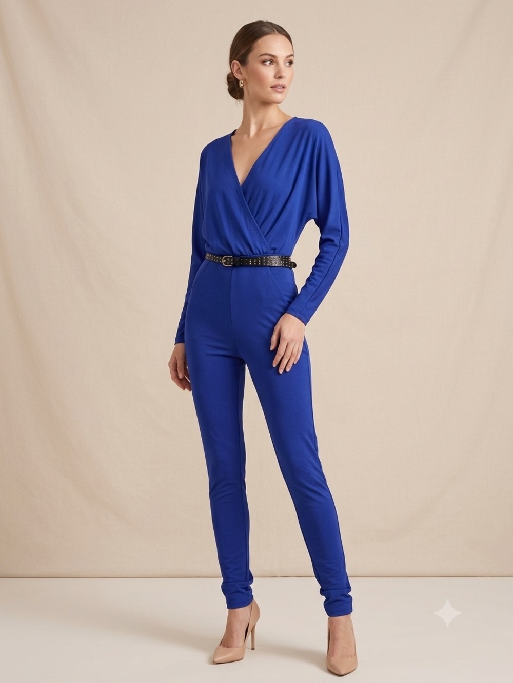 2B Bebe Royal Blue Long Sleeve Wrap Jumpsuit